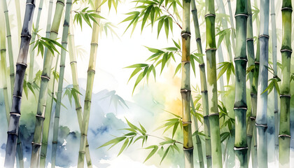 Watercolor Bamboo Forest with Misty Mountains