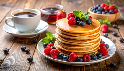 Stack of pancakes with berries and coffee