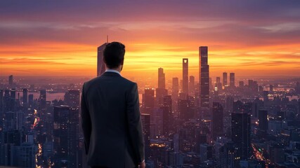 Businessman looking at cityscape at sunset - Powered by Adobe