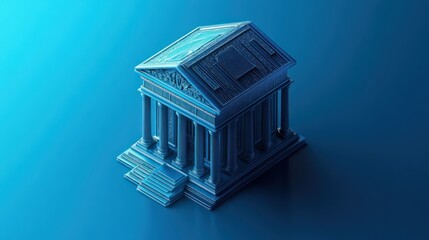 Blue digital bank building, isometric view, finance, future, background