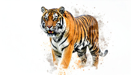 Obraz premium Watercolor Tiger Portrait: Striking Feline with Intense Gaze on White Background