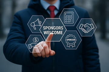 Businessman working on virtual screen of future and sees inscription SPONSORS WELCOME. Sponsor and sponsorship concepts