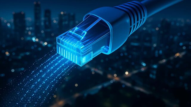 Green hydrogen infrastructure. Network cable glowing blue light effect over city background night symbolizing fast ethernet data communication and technology