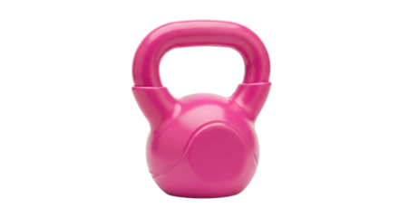 Bright pink vinylcoated kettlebell with a smooth ergonomic handle for strength training. PNG Transparent