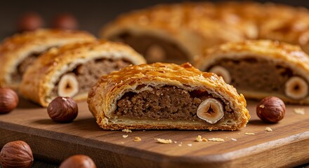 Hazelnut strudel slices on wood featuring flaky crusts nut filling and whole nuts against a muted background
