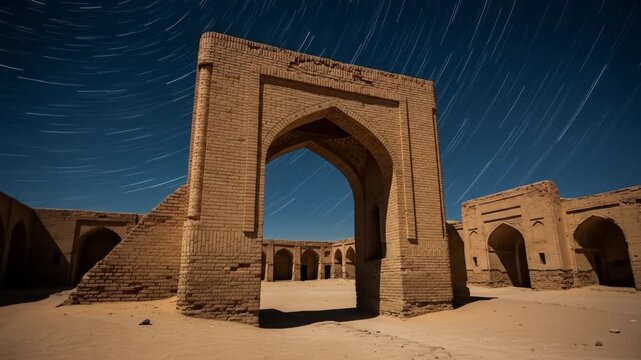 Starry Night over Ancient Caravan Serai - A long-exposure shot captures star trails above the ruins of a historic caravanserai in the desert.