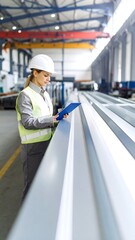 Woman inspecting metal beams in factory
