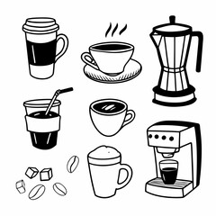 Collection of hand drawn coffee drinks and equipment icons