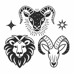Stylized zodiac symbols featuring aries and leo