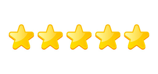 Five Golden Rating Stars in a Row – Flat Yellow Cartoon Icons on White Background