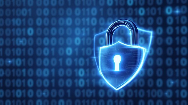 Glowing blue padlock and shield over binary code background depicting cyber security concept