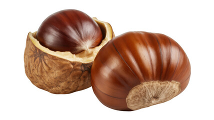 Obraz premium Two whole hazelnuts one partially shelled isolated on transparent background