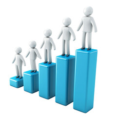 Five white figures of increasing height standing on blue steps representing growth and progress isolated on transparent background