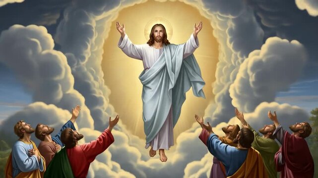 Ascension of Jesus Christ - Jesus Christ ascends into heaven surrounded by clouds, while his disciples look up in awe and worship. The scene is depicted in a vibrant, painterly style.