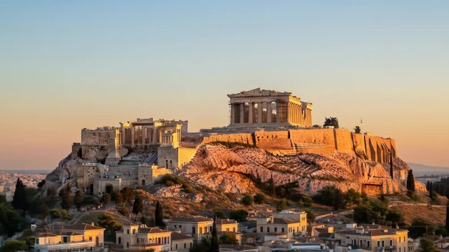 Golden Hour at the Acropolis, Athens - The Acropolis of Athens is bathed in the warm golden light of sunset.