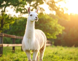 Obraz premium White llama in a field at sunset