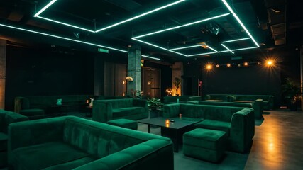 Emerald green lounge interior with neon lights. Modern, stylish, and sophisticated. - Powered by Adobe