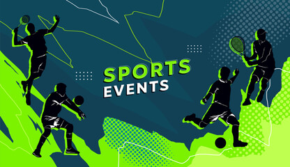 A dynamic sports event poster featuring silhouettes of athletes playing various games like basketball, tennis, and soccer with vibrant green and blue abstract backgrounds. Energetic and modern design.