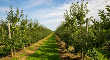 Obraz premium Rows of apple trees laden with fruit under a bright blue sky, perfect for agricultural businesses and commercial projects