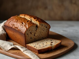 Deliciously baked loaf of banana nut bread with a slice cut and ready to eat