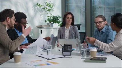 Sad unhappy Caucasian leader business woman angry group diverse workers argue shouting scream in office Indian African American women men quarrel paperwork problem businesspeople discussing conflict - Powered by Adobe