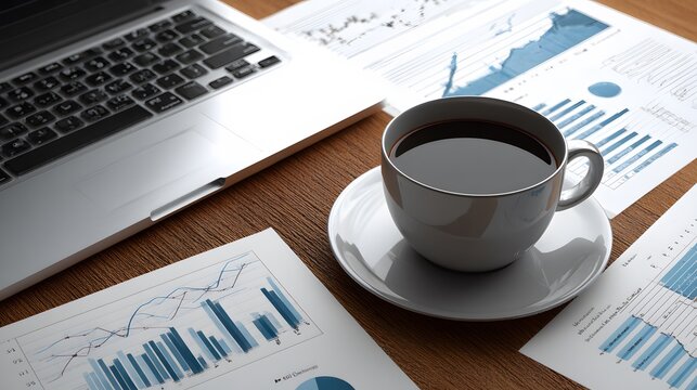 Business trend charts surrounding a laptop and coffee cup