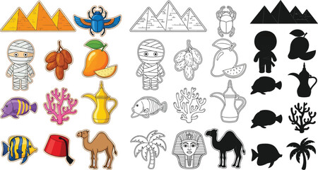 Egyptian themed cartoon elements including pyramids mummy scarab beetle camel and tropical items clipart