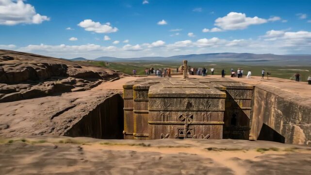 Ancient Ethiopian Rock-Hewn Church - A high-angle view of Bete Giyorgis, a stunning monolithic rock-hewn church in Lalibela, Ethiopia.