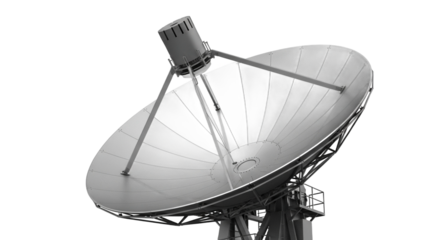 Monochrome industrial satellite dish with a large parabolic reflector and feed horn. PNG Transparent