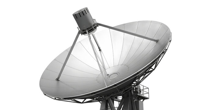 Monochrome industrial satellite dish with a large parabolic reflector and feed horn. PNG Transparent
