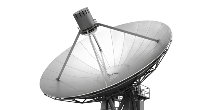 Monochrome industrial satellite dish with a large parabolic reflector and feed horn. PNG Transparent