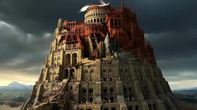 Epic Tower of Babel under Stormy Skies - A digital painting depicts a massive, multi-level Tower of Babel under a dramatic, stormy sky.