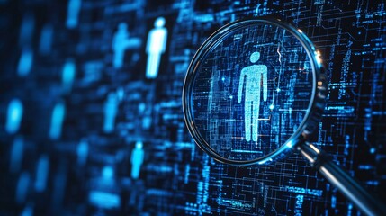 Magnifying Glass Focuses on Digital Human Figure, Blue Technology Background