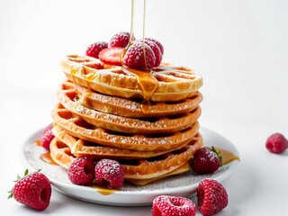 Delicious Waffles with Raspberries and Syrup