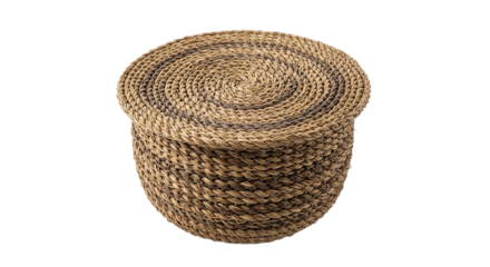 Rustic round storage basket with a lid handcrafted from thick braided natural fibers in a spiral weave. PNG Transparent