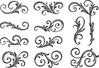 Black ornate floral scrollwork flourishes on white background