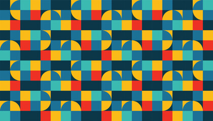 Seamless abstract geometric pattern with colorful quarter-circle and square blocks in retro shades of teal, red, yellow, and navy