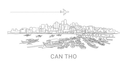 Fototapeta premium Can Tho with Vietnam City Line Art, and Mekong River.