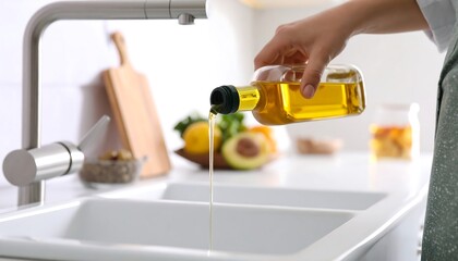 Woman pouring oil into sink