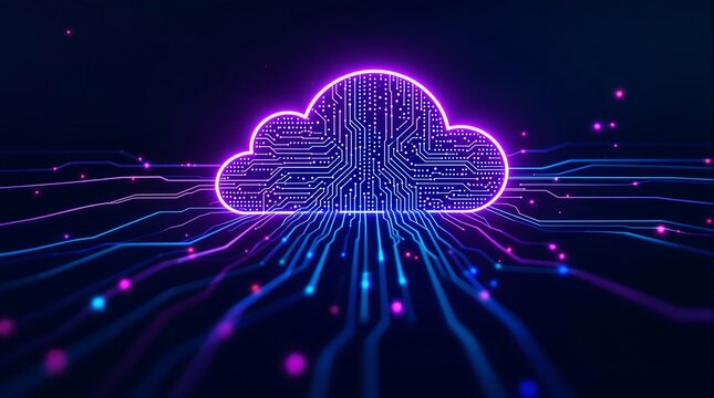 Glowing cloud with circuit board pattern and data streams on a dark blue and purple background