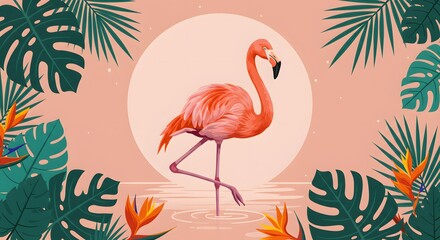 Serene Flamingo in Tropical Water at Golden Hour