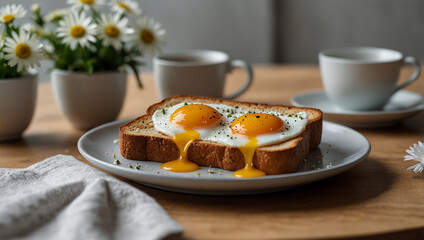 Fried eggs on toast on a wooden table with a cup of kabocha tea.