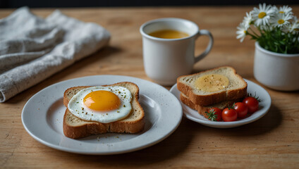 Fried eggs on toast on a wooden table with a cup of kabocha tea.