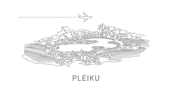 Pleiku City vector with airplane travel, and tourism.