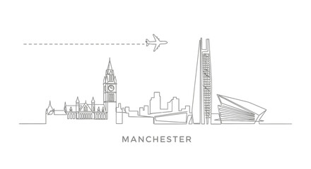 Fototapeta premium Manchester Skyline Line Art with Airplane, and Minimalist.