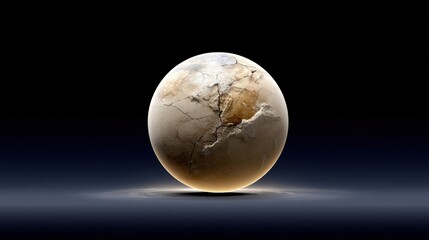 Fototapeta premium A dreamy 3D render of a cracked desert terrain planet with soft glowing surface textures, surrounded by dust storms in orbit . Set against a deep black space background, the scene features subtle
