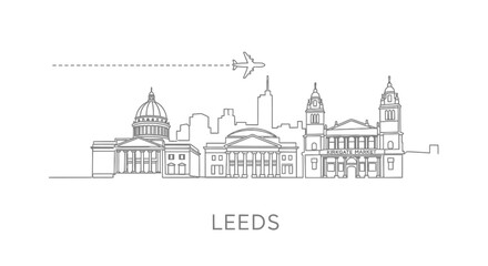 Obraz premium Leeds Skyline Line Art with Airplane, and White Background.