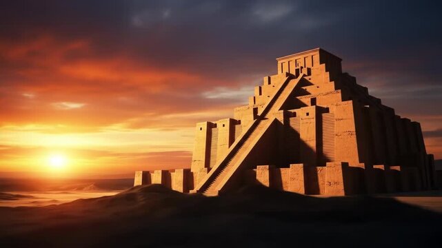 Ancient Ziggurat at Sunset - A majestic ziggurat stands silhouetted against a vibrant sunset in the desert. The structure's intricate details and grand scale are highlighted by the warm, golden light.