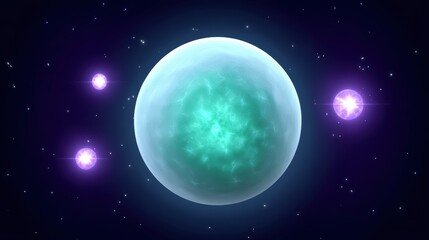 Fototapeta premium A dreamy 3D render of a glowing bioluminescent surface planet with soft glowing surface textures, surrounded by tiny luminescent satellites . Set against a deep black space background, the scene