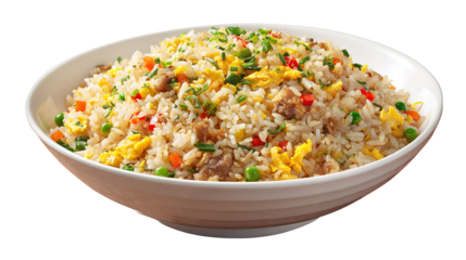 Delicious Plate of Fried Rice with Egg, Chicken and Vegetables Isolated on a Transparent Background